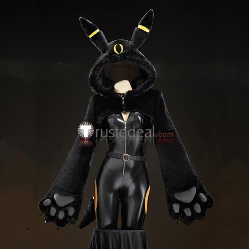 Pokemon Gijinka Umbreon Black Fluffy Hoodie Claw Bodysuit Cosplay Costume