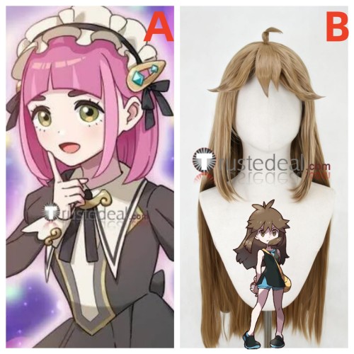 Pokemon Masters EX Lacey Pink Let's Go Green Brown Styled Cosplay Wig
