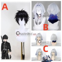 Wuthering Waves Protagonist Male Rover Black Galbrena Grey Blue Highlight Styled Cosplay Wig
