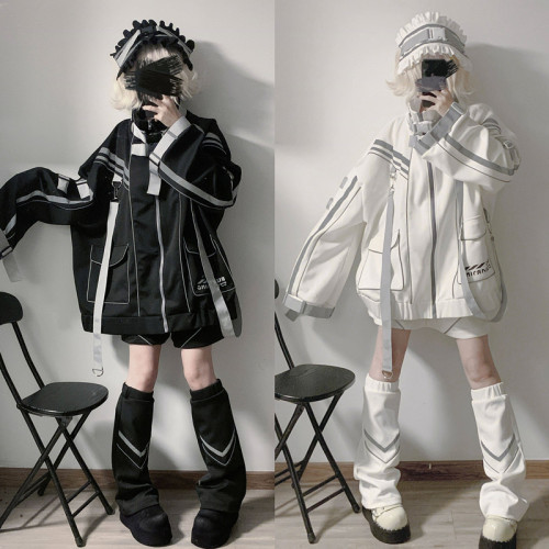 Jirai Kei Cyberpunk Black White Oversize Electronics Coat Shorts Pants