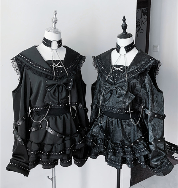 Jirai Gothic Ryosangata Black Sailor Collar Lolita Dress