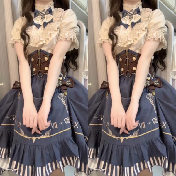 Steampunk Lolita Blue Dress Blouse Skirt Corset