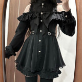 Sweet Jirai Kei Ryosangata Black Purple Cold-Shoulder Lolita Dress Long Sleeves