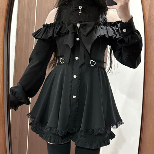Sweet Jirai Kei Ryosangata Black Purple Cold-Shoulder Lolita Dress Long Sleeves