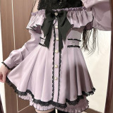 Sweet Jirai Kei Ryosangata Black Purple Cold-Shoulder Lolita Dress Long Sleeves