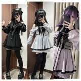 Sweet Jirai Kei Ryosangata Black Purple Cold-Shoulder Lolita Dress Long Sleeves