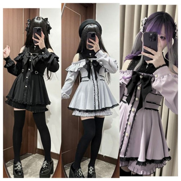 Sweet Jirai Kei Ryosangata Black Purple Cold-Shoulder Lolita Dress Long Sleeves