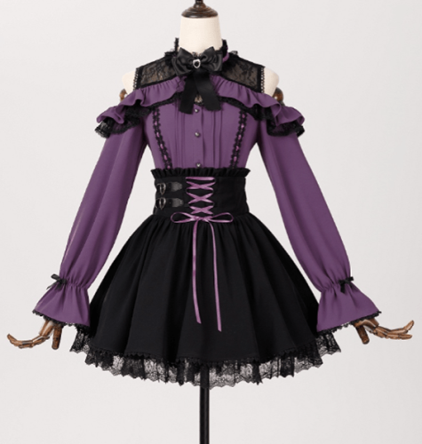 Sweet Long Sleeves Jirai Kei Purple Black Blouse Skirt