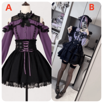 Sweet Long Sleeves Jirai Kei Purple Black Blouse Skirt