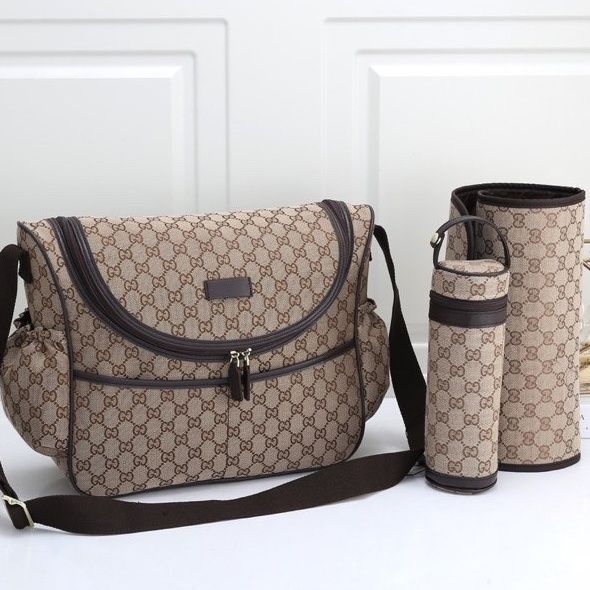 Canvas and split leather baby diaper bag + nursing bottle bag+ cushion, AAA, no box,diaper bag size 40x30x14cm,B98-25