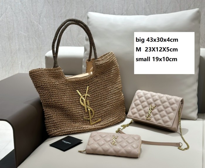 Straw raffia leather bag 3 pieces for set ,3A , size 43x30x4cm and  23X12X5cm and 19x10cm ,no box,  B75-2983