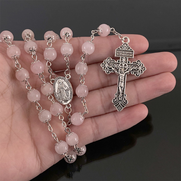 The latest pink jade beaded prayer bead necklace for Catholics, a silver heart magic medal