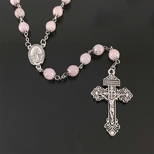 The latest pink jade beaded prayer bead necklace for Catholics, a silver heart magic medal