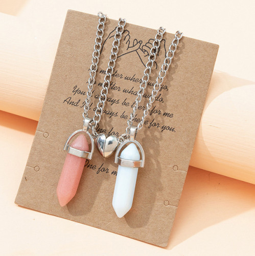Fashionable jade necklace, golden natural crystal quartz pendant, trendy hexagonal column, magnetic coupling party pearl