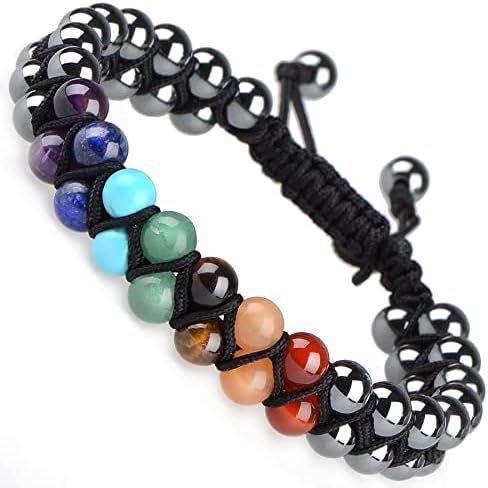 MASSIVE BEADS Natural Chakra Healing Power Crystals Macrame Bracelet Yoga Double Layer Stone Beads Gemstone Meditation Relax Anxiety Bangle for Unisex Women Men