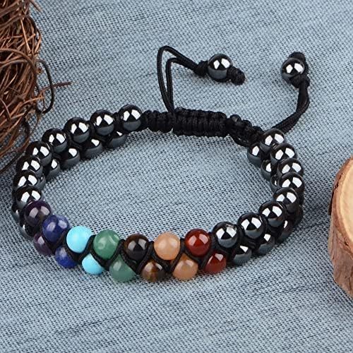 MASSIVE BEADS Natural Chakra Healing Power Crystals Macrame Bracelet Yoga Double Layer Stone Beads Gemstone Meditation Relax Anxiety Bangle for Unisex Women Men