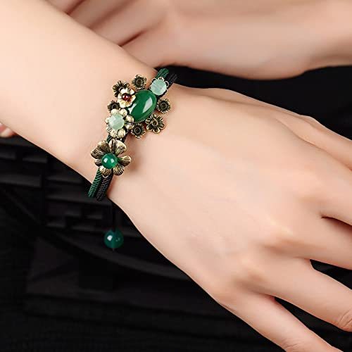 Vintage Prosperity Flowers Jade Beaded Bracelet, Adjustable Rope Lucky Beads Wrap Charm Bracelet for Women Lovers Gift