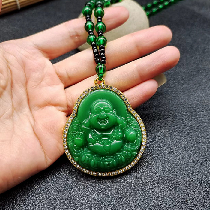 Hot sale: Dark imperial green imitation jade bead sweater chain, gold and diamond fox Guan Gong leather show Guanyin Buddha Statue pendant necklace