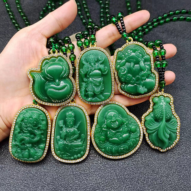 Hot sale: Dark imperial green imitation jade bead sweater chain, gold and diamond fox Guan Gong leather show Guanyin Buddha Statue pendant necklace