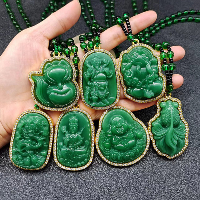 Hot sale: Dark imperial green imitation jade bead sweater chain, gold and diamond fox Guan Gong leather show Guanyin Buddha Statue pendant necklace