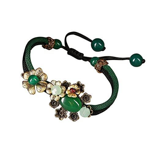 Vintage Prosperity Flowers Jade Beaded Bracelet, Adjustable Rope Lucky Beads Wrap Charm Bracelet for Women Lovers Gift