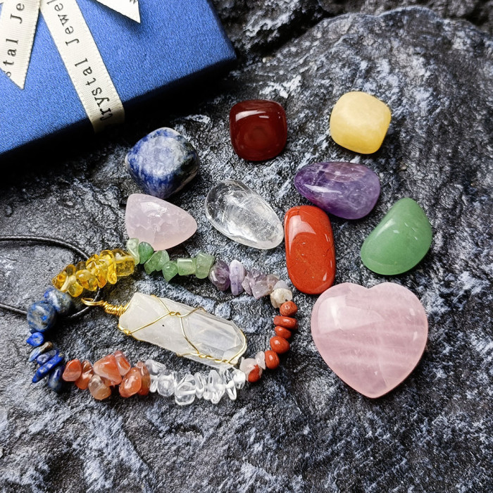 Valentine's Day gift box: Natural crystal Jade 7 Chakra Gemstone Set, rose quartz crystal heart Hexagonal prism pendant
