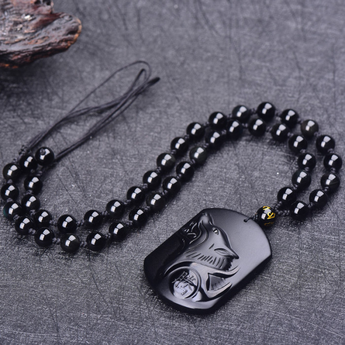 Fashionable and personalized accessories for both men and women, obsidian jade bead chain pendant, natural stone Wolf necklace