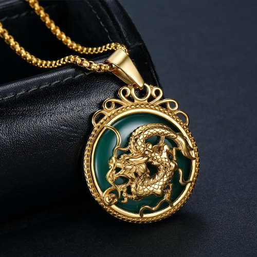 2023 Stainless steel green jade Dragon pendant necklace, jade necklace, dragon lucky charm, 18k gold, bestseller, must-have for trendy men, manufacturer wholesale