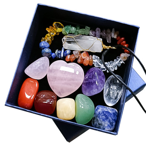 Valentine's Day gift box: Natural crystal Jade 7 Chakra Gemstone Set, rose quartz crystal heart Hexagonal prism pendant