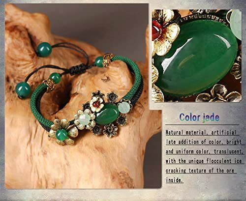 Vintage Prosperity Flowers Jade Beaded Bracelet, Adjustable Rope Lucky Beads Wrap Charm Bracelet for Women Lovers Gift