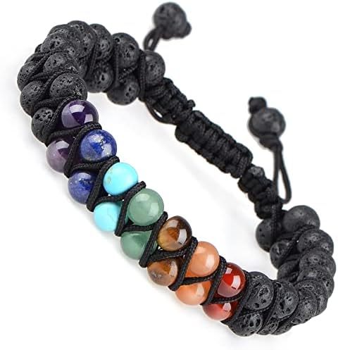 MASSIVE BEADS Natural Chakra Healing Power Crystals Macrame Bracelet Yoga Double Layer Stone Beads Gemstone Meditation Relax Anxiety Bangle for Unisex Women Men