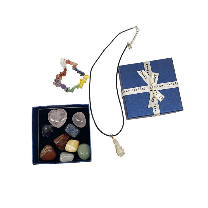 Valentine's Day gift box: Natural crystal Jade 7 Chakra Gemstone Set, rose quartz crystal heart Hexagonal prism pendant