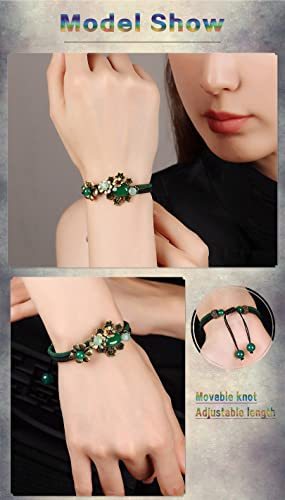 Vintage Prosperity Flowers Jade Beaded Bracelet, Adjustable Rope Lucky Beads Wrap Charm Bracelet for Women Lovers Gift