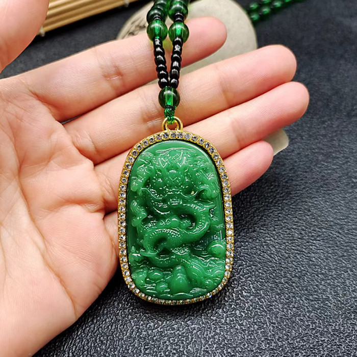 Hot sale: Dark imperial green imitation jade bead sweater chain, gold and diamond fox Guan Gong leather show Guanyin Buddha Statue pendant necklace