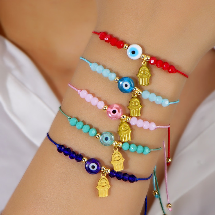 Handcrafted Bohemian-style fashionable crystal beaded bracelet, Lucky Evil Eye Hamsa pendant, good luck healing jewelry for both women and men