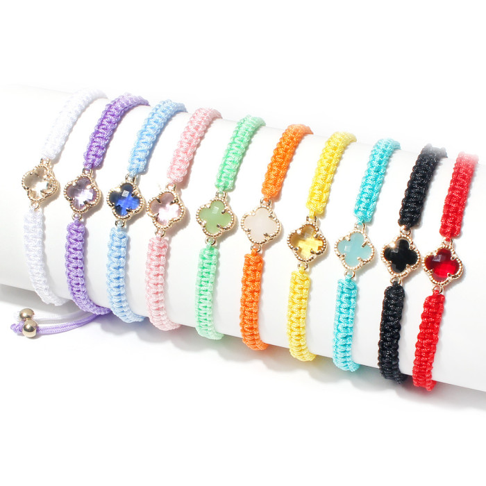 Handcrafted fashionable woven macaron rope bracelet, crystal glass rope, lucky four-leaf clover flower bracelet