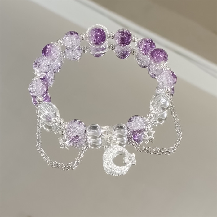 Fashionable seven-color beaded bracelet, crystal star moon charming bracelet, girl's seven-color handcrafted stone glaze bracelet