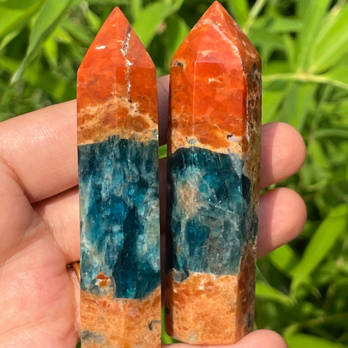 Wholesale Fanshi high-quality natural sunstone and blue apatite tower polished gemstone symbiotic point healing crystal process