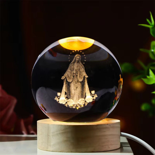 Luminous crystal ball, 3D engraved holy crystal ball, glass ball, religious, Christian, Catholic, home decoration gift