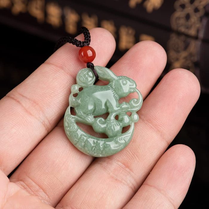 Gixaxak Natural Jade Rabbit Jade Pendant Necklace for Adults, Unisex, Green Jade, Cotton Rope Chain, Polished Finish