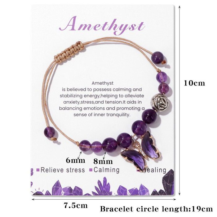 Besitong Healing Crystal 8mm Pearl Agate Amethyst Bracelet, hand-woven butterfly charm woven bracelet