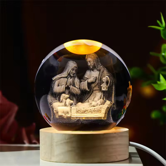 Luminous crystal ball, 3D engraved holy crystal ball, glass ball, religious, Christian, Catholic, home decoration gift
