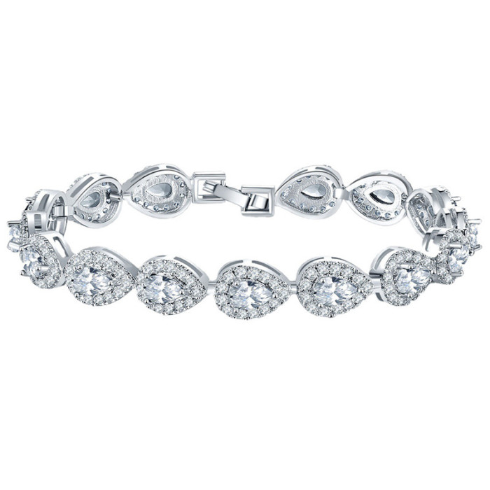 Chilled crystal straight pull tennis bracelet, geometric retro shiny large water drop shape, blue diamon-like bracelet for women