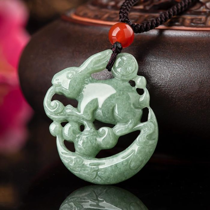 Gixaxak Natural Jade Rabbit Jade Pendant Necklace for Adults, Unisex, Green Jade, Cotton Rope Chain, Polished Finish