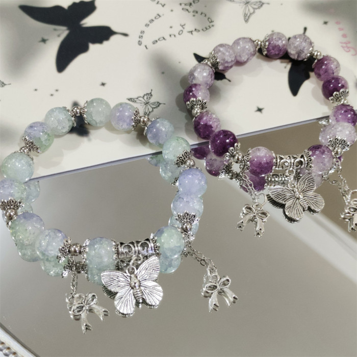 A versatile, simple and fantasy-style popcorn crack crystal bead bracelet, butterfly charm, gradient color girl friendship bracelet, accessory gift