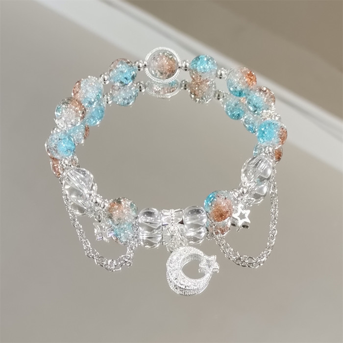 Fashionable seven-color beaded bracelet, crystal star moon charming bracelet, girl's seven-color handcrafted stone glaze bracelet