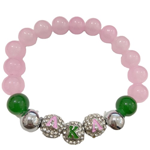 Charming pink and green beaded bracelet, Greek letter Alpha, elastic bracelet with rhinestone gaskets, women's jewelry gift