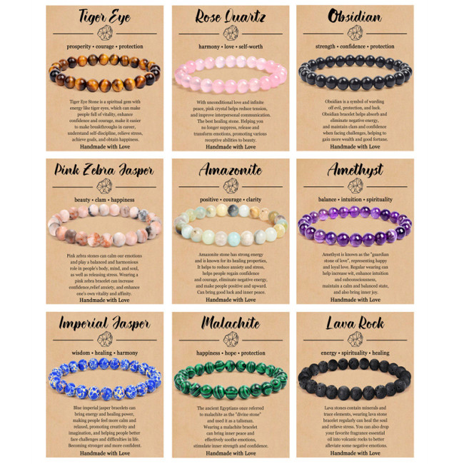Natural gemstone fashion bracelets for both women and men, 8mm round crystal semi-gemstone beaded elastic bracelets
