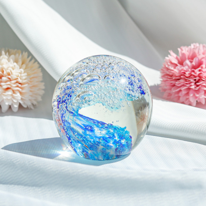 Hand-blown glass art bubble wave ocean-themed glass crystal ball paperweight home decoration collectible