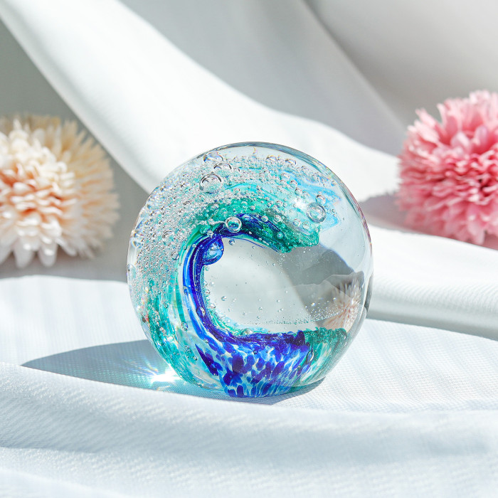 Hand-blown glass art bubble wave ocean-themed glass crystal ball paperweight home decoration collectible